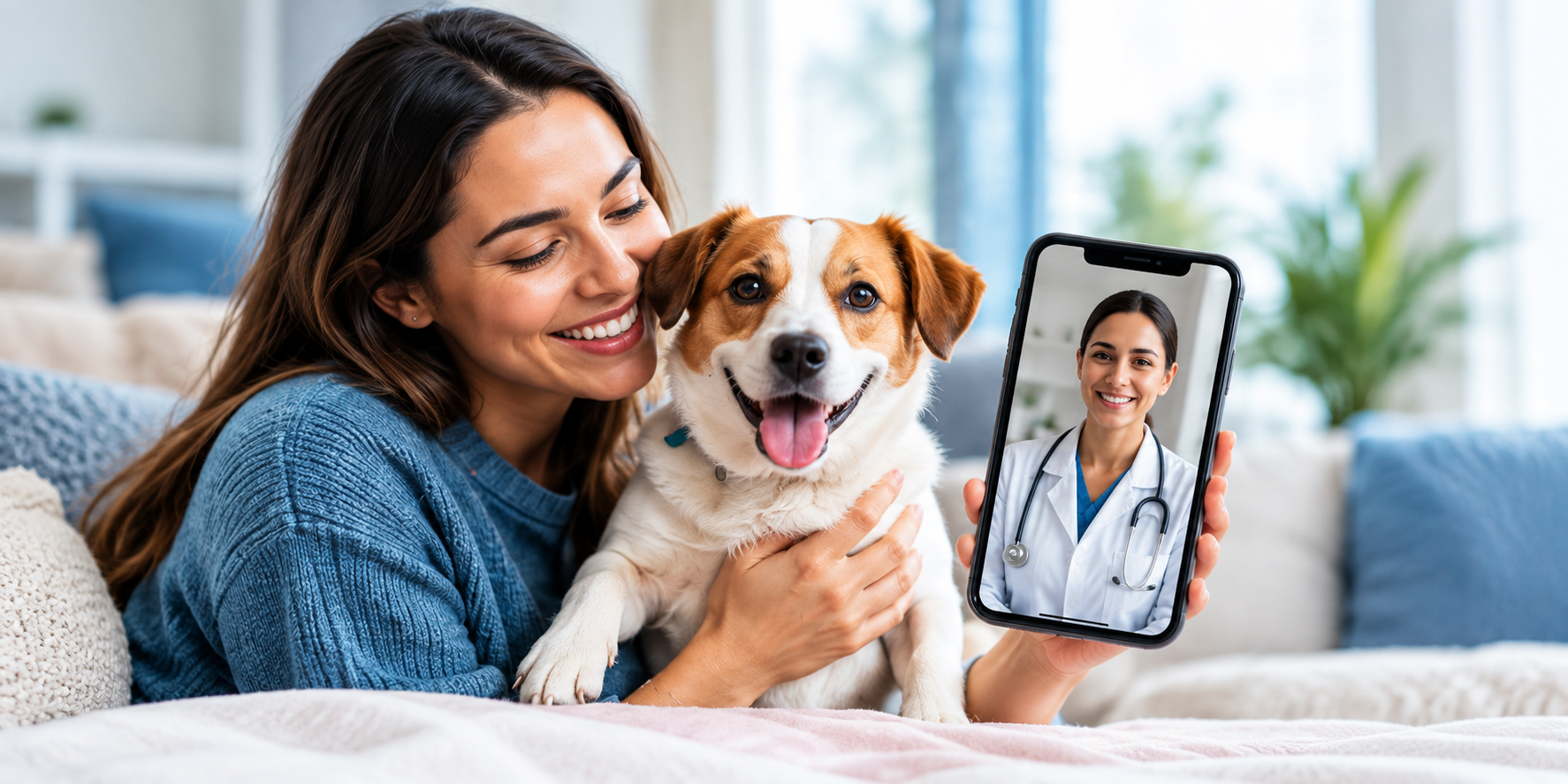 Mulher com seu cão em videochamada com veterinária
